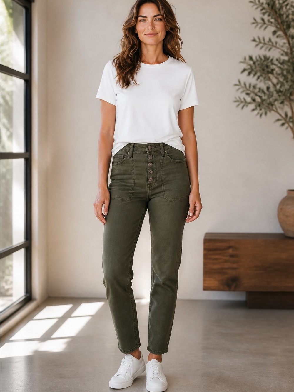 NWT Veronica Beard Arya High Rise Straight Jeans Olive Green Sz 25